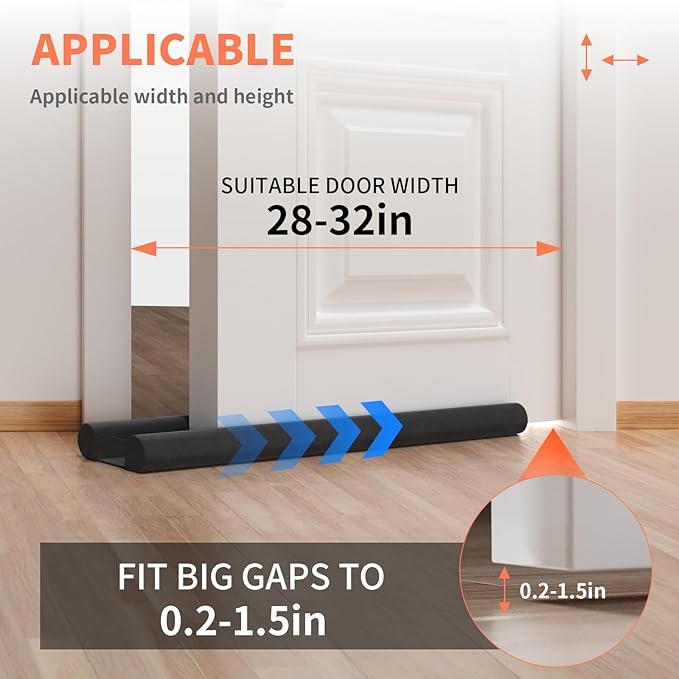 Door Draft Stopper for Bottom of Door, Upgraded Under Door Gap Filler for Big Gap, No Folding Required, Flexible Installation Door Sweep soundproofing Strip for Home & Apartment, 28-32in, Black