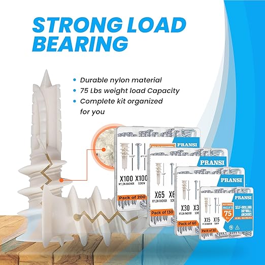 Drywall Anchors and Screws Kit – 30pcs #8 x 1-1/4” Self Drilling Anchors – No Pre-Drill Required – Heavy Duty Wall Anchors for Drywall – Holds Up to 75lbs