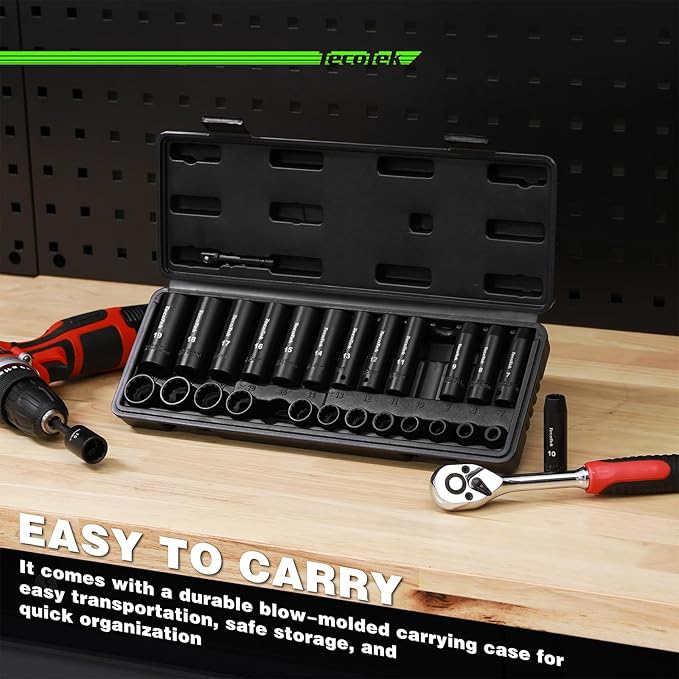 27 Pieces 3/8-Inch Drive 12-Point Metric Impact Socket Set, CR-V, 7mm to 19mm, Standard and Deep, 1/4"-3/8" Drill Adapter