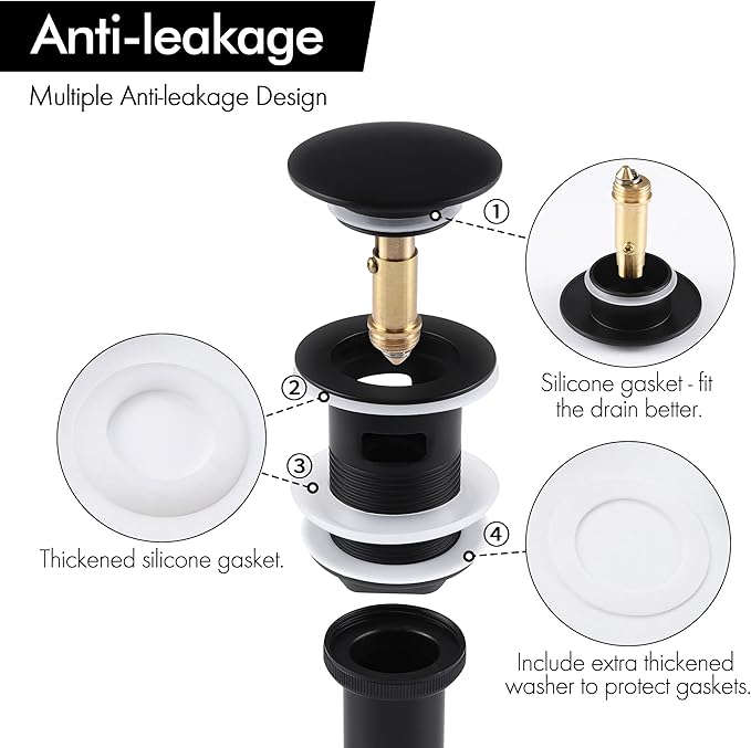 KES Bathroom Sink Drain with Overflow, Pop Up Drain Sink Stopper Matte Black, All Metal Brass and SUS304 Stainless Steel, S2008S62A-BK