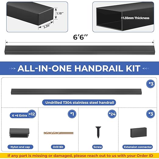 3Pack 6'6" T304 Stainless Steel Handrails Black with Extension Connectors End Cap Kits for Cable Railing System Posts Kit, Cuttable Rectangular Handrails Flat Top Rail - 2.36" W x 1.18" H