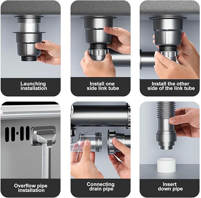 Double Sink Drain Kit Space Saving Kitchen Sink Drain Kit Expandable Flexible 1 1/2" P-Trap Pipe 3-1/2 Inch Sink Drain Assembly Kit with 4-Way Fitting Adapter for Dishwasher