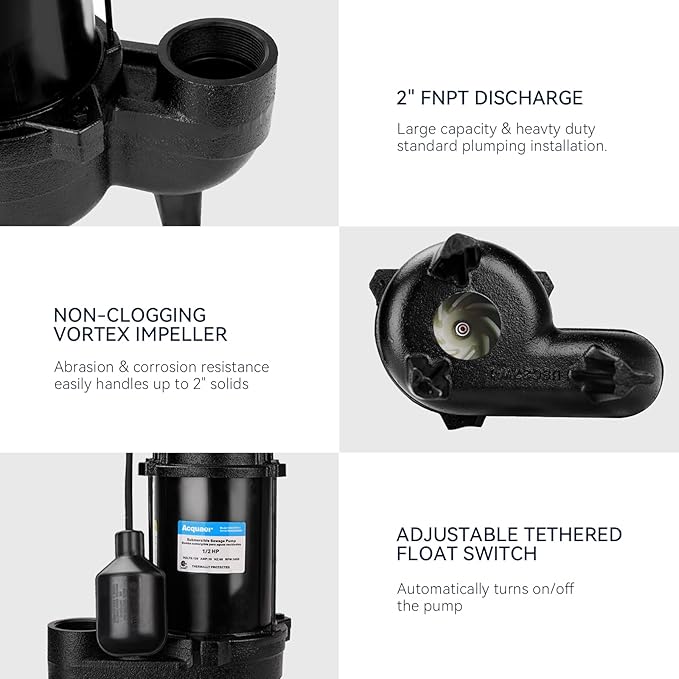 Acquaer 1/2HP Submersible Sewage/Effluent Pump, 6000 GPH, Cast Iron, Automatic Tethered Float Switch, 115V Sump Pump for Sump Basin, Residential Sewage, Basement, 2'' NPT Discharge