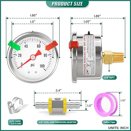 0-100PSI Stainless Steel Glycerin Filled Fuel Pressure Gauge 1.5" Dial Size, 1/8" NPT Back Mount, with 3/8" Barb Fuel Line Pressure Adapter, for Water, Oil, Air, Pressure Test
