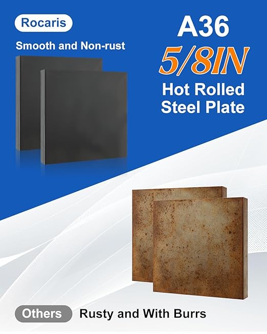 Rocaris Hot Rolled Steel Plate 5/8" x 6" x 6", Pack of 2, Weldable Steel Sheet Metal for Auto Body Repair, DIY Projects, Industrial Support