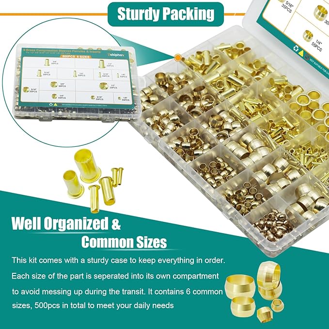 500PCS Brass Compression Sleeves Ferrules Inserts Kit 1/2" 3/8" 5/16" 1/4" 3/16" 1/8" Tube OD, 6 Sizes Air line Fittings Assortment Kit for Air Water Fuel Oil and Inert Gases Line