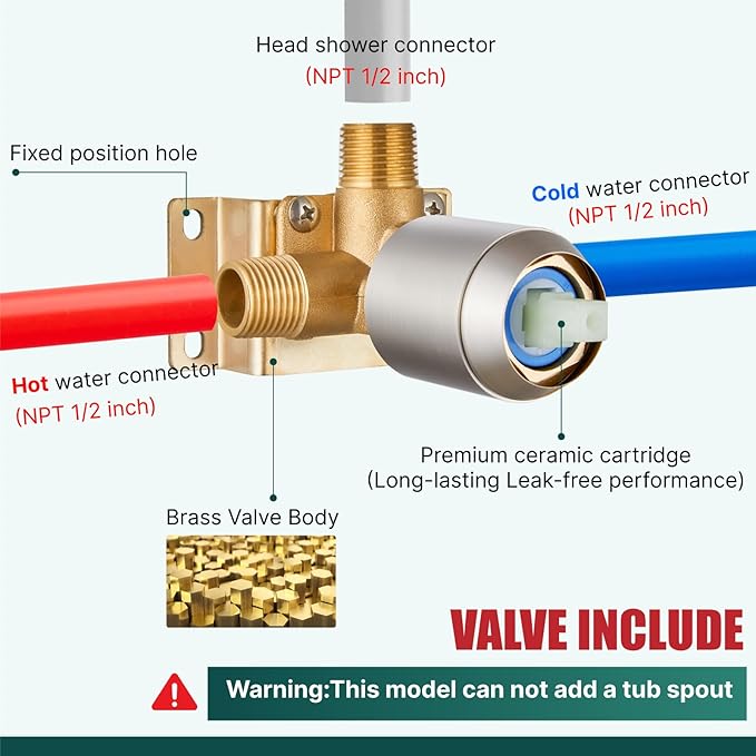 Heyalan Shower Faucet Set Square Stainless Steel Bathroom Rainfall Shower System One Handle Single Function Shower Trim Kit with Rough-in Valve Male Thread,Ceiling Mount,12 Inch,Brushed Nickel