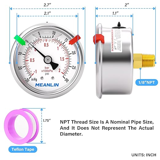 MEANLIN MEASURE -30inHG~30Psi Vacuum Pressure Gauge 1/8" NPT 2.5" FACE DIAL, Stainless Steel Liquid Filled Pressure Gauge WOG Water Oil Air Center Back Mount (with 2PCS Snaps)