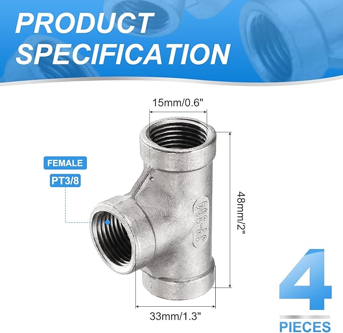 uxcell 2 Pcs 304 Stainless Steel Tee Pipe Fittings G3/8" Female Tee Adapter 3 Way t Shaped Cast Pipe Fitting Connector with Seal Tape for Plumbing Drainage Pipes Heating Systems