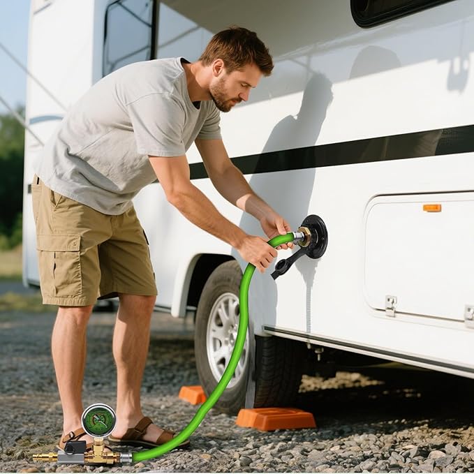 RV Winterizing Kit with Pressure Gauge, 60inch RV Winterize Hose with 3/4" GHT Blow Out Fitting Adaptor & 1/4" Quick Connect Plug, Sprinkler Winterization for RV, Camper, Boat, Travel Trailer, Green
