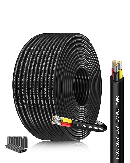 20 Gauge Electrical Wire 3 Conductor 20/3AWG 82.02FT Low Voltage Cable - Tinned Copper Stranded Core with PVC Insulation for LED Strip Lighting Installations, Automotive Marine Wiring Harness