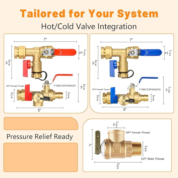 (Set of 1 Kit) HeSun 3/4" FIP X 3/4" PEX-A Expansion IPS Isolator Tankless Water Heater Service Valve Kit, with Pressure Relief Valve (TOOL054)