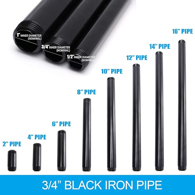 3/4" x 4" Black Painted Iron Pipe, Home TZH 10 Pack Threaded Black Paint Finish Metal Pipe Nipple for DIY Project/Furniture/Shelving Decoration(10, 4")