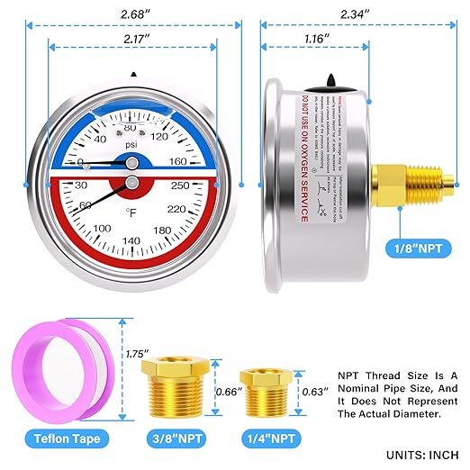 MEANLIN MEASURE 0-160Psi Stainless Steel Thermal Pressure Gauge 30-250℉ 1/4" NPT 2.5" FACE DIAL Liquid Filled Pressure Gauge, with 1/2" NPT and 3/8" NPT Hex Bushing, Back Mount