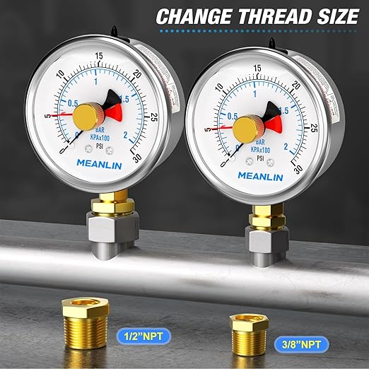 MEANLIN MEASURE 0~30Psi Stainless Steel 1/4" NPT 2.5" FACE DIAL with Reset Pointer Liquid Filled Pressure Gauge WOG Water Oil Air, Lower Mount, with Brass Hex Bushing