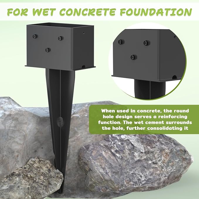 3 Pcs 4"x 6" Fence Post Anchor Ground Spike, 16.5" Heavy Duty Metal Fence Stake Post Bases (Inner Size 3.6"x5.6") with Black Powder Coated for Fence, Deck, Railing, Mailbox and Porch