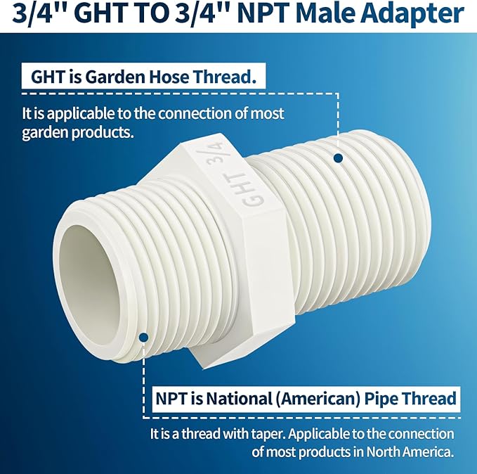 Boltigen 10Pcs 3/4 Inch PVC Pipe Fitting Hex Nipple, 3/4 NPT X 3/4 GHT Garden Hose Adapter, Sch40 PVC Coupling Adaptor Connector
