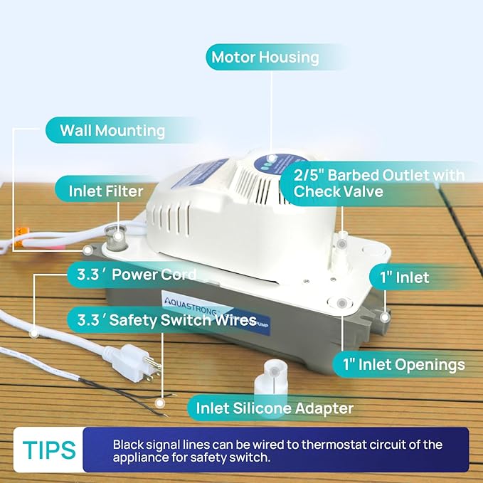 Aquastrong 115V 70 GPH HVAC Condensate Pump,Automatic Safety Switch,AC Condensate Removal for Air Conditioner, Furnace,Dehumidifier, 3.3' Power Cord