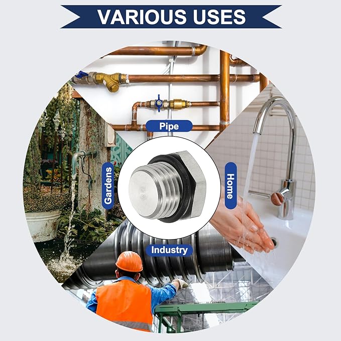 MECCANIXITY NPT Pipe Plug Fitting, 304 Stainless Steel NPT1/4 Male Outer Hex Thread for Plumbing Fixed with Sealing Rubber Ring