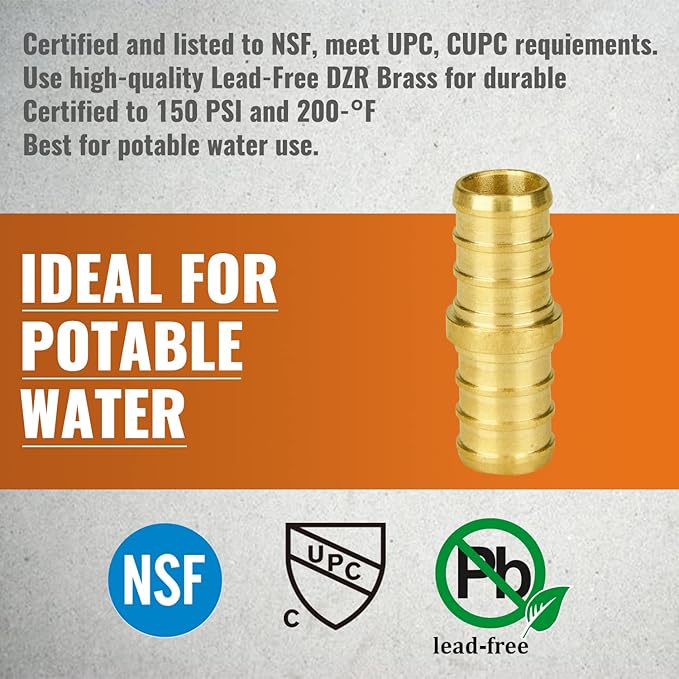 SUNGATOR 12-Pack 1/2" Pex Coupling, No Lead Brass, 1/2 Inch Pex Fittings, NSF, UPC Certified