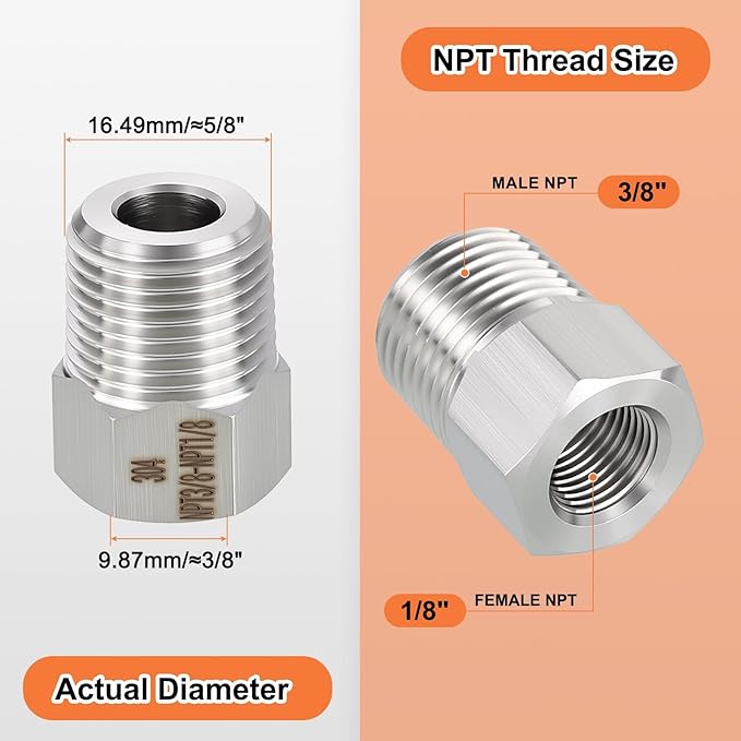 3 Pack 304 Stainless Steel Male to FeMale Adapter, 3/8" Male NPT x 1/8" FeMale NPT Hex Bushing Reducer for Industrial, Automotive, Fluid Transfer, Home Gardening, Water Treatment
