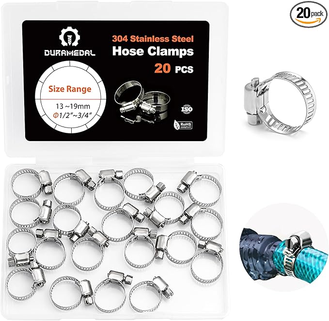 Hose Clamp- Duramedal 20 PCS Stainless Steel Hose Clamps Assortment Kit 1/2''–3/4'' stainless steel hose clamps for Fuel Line, Plumbing, Automotive, Mechanical Applications, Tube, Garden