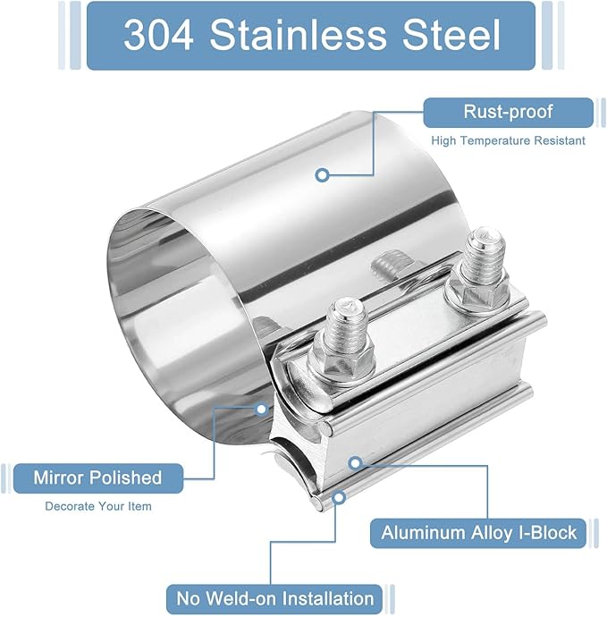 uxcell 2.7 Inch Exhaust Clamp, 304 Stainless Steel Butt Joint Band Clamp Sleeve Coupler Pipe Repair Clamp Universal Widening Clamp for Exhaust Pipes Mufflers, Silver