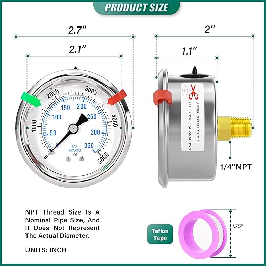 0-5000psi Stainless Steel Glycerin Liquid Filled Pressure Gauge 1/4" NPT 2.5" Face Dial Center Back Mount, for Water, Oil and Air Pressure Testing (with Range Mark Pointer)