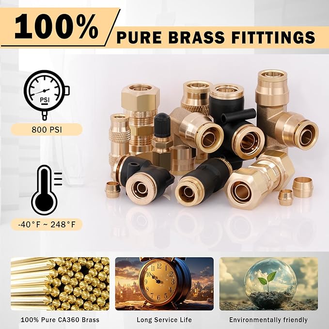 CheeMuii 80 PCS Brass DOT Air Line Fittings Kit DOT Push Lock and Compression Air Fitting Pure Brass Quick Connect Union 1/8" 1/4" 3/8" 1/2" Air Hose Fittings Assortment
