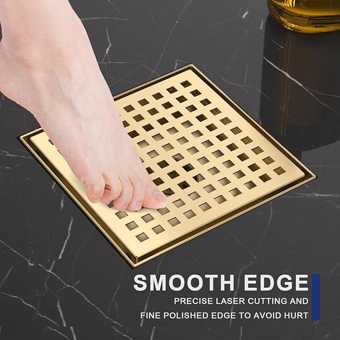6 Inch Square Shower Drain | Brushed Gold Shower Drain with Flange, Hair Strainer & Removable Grid Cover, AISI 304 Stainless Steel Shower Floor Drain, in Bathroom, Kitchen, Balcony etc