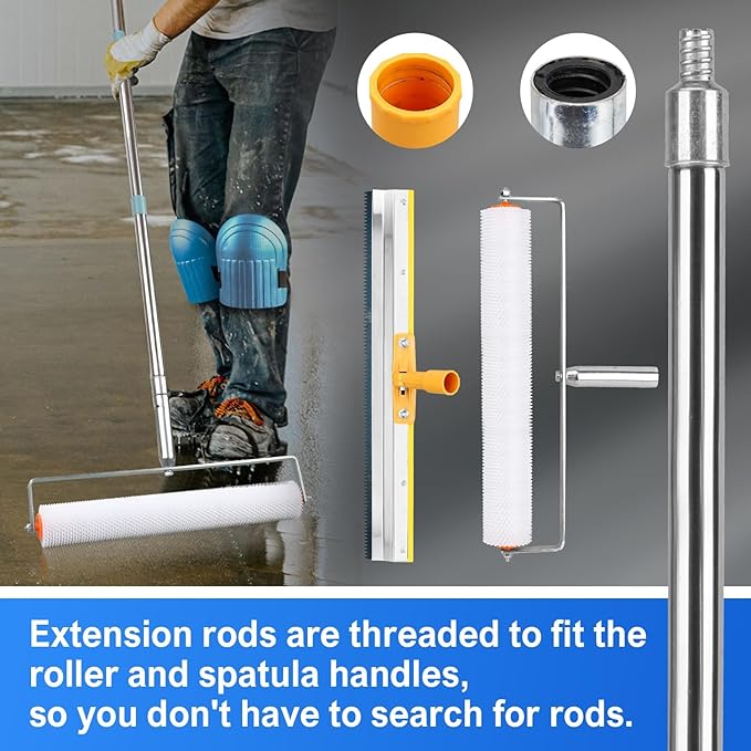 Upgraded Self-Levelling Cement Tool Kit - Floor Construction Roller Spike Shoes - Garage Flooring Concrete Tools with Adjustable Threaded Pole - Self-Leveling Rake - Spiked Roller