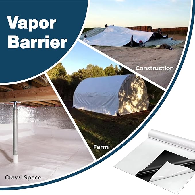 Crawl Space Vapor Barrier, 14 Mil Vapor Barrier, 10'x50', Plastic Drop Cloth Covering for Crawlspace Encapsulation, Thick Plastic Sheeting, Black and White Panda Film