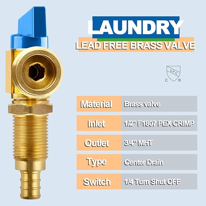 Washing Machine OutLet Box With Brass Valve, 1/2 Inch Pex Crimp Inlet x 3/4 Inch MHT Outlet, F1807 Center Drain Laudry Box