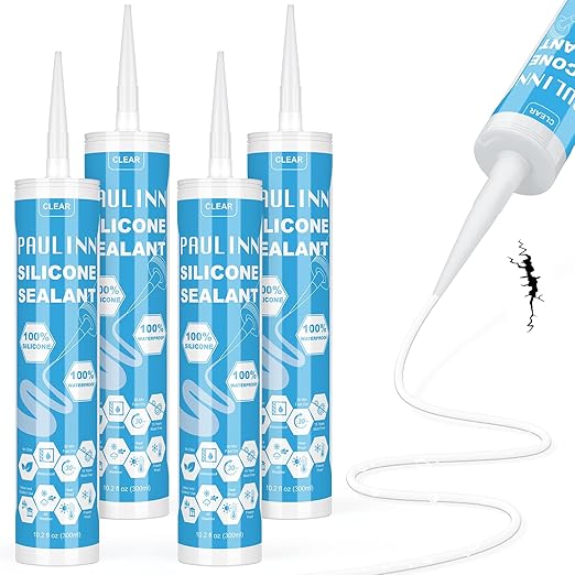 PAULINN Silicone Sealant, 100% Silicone Caulk Clear Waterproof for RV, Kitchen, Bath, General Use, Window, Door, Glass, Marine, 10.2 Oz, 4 Packs