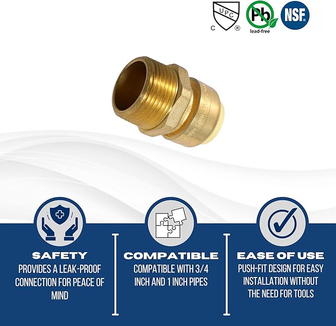 1 Piece XFITTING 3/4" Push Fit x 1" Male NPT Adapter, Push to Connect Male Adapter, Certified to NSF ANSI61, Brass, Plumbing Fitting for Copper, Pex, CPVC
