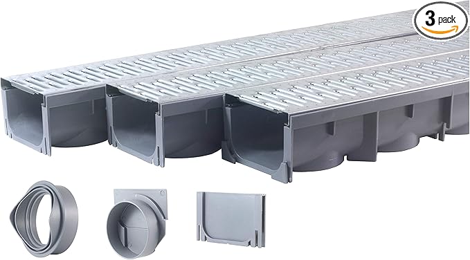 URA WATER - Model UA-100 - Drainage Trench Set - Channel Drain With Galvanized Steel Grate - 3 x 39" - (117" Total Length)