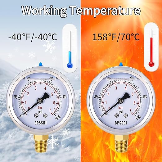 0-100 Psi Lead-Free Glycerin Liquid Filled Low Pressure Gauge, 2.5" Dial Size, 1/4" NPT Lower Mount, 304 Stainless Steel Case, for Water Pipe, HVAC, Water Oil Air Pressure Test