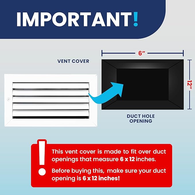 6x12 Inch (Duct Opening) Aluminum 1-Way Air Flow Vent – HVAC Vent Cover for Wall or Ceiling – Quiet HVAC Wall Register with Multi-Shutter Damper – Adjustable Curved Blade - Plastic Seal for Tight Fit