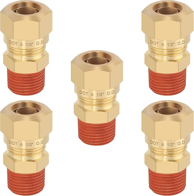 5PCS D.O.T Brass Compression Straight Union Fittings, 1/2" Tube OD x 3/8" NPT Thread Air Compression Union Nylon Tubing for Truck Airlines and Industrials