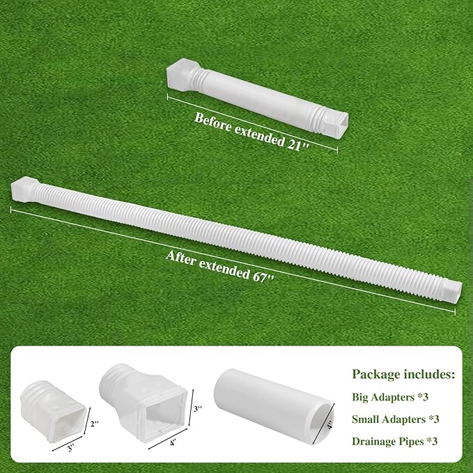 3 Pack Flexible Gutter Downspout Extensions Extendable from 21" to 67", Downspout Extender Comes with Adapters, Thickened Down spout Drain Extension for Rainwater Drainage(White)