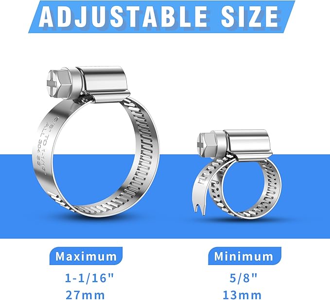24PCS Heavy Duty Hose Clamps Stainless Steel 304,5/8" Hose Clamp to 1-1/16" Hose Clamp (16-27mm) Adjustable Worm Gear Drive Small Radiator Hose Clamps,Pipe Clamp for Automotive and Industry
