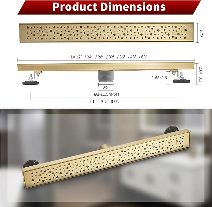Sharp-tec 28 inch Linear Shower Drain, Gold Rectangular Floor Drain, V-Shape Design Drain Channel, 304 Stainless Steel, cUPC Certificated for Bathroom Shower Room (Drain Base is Not Included)