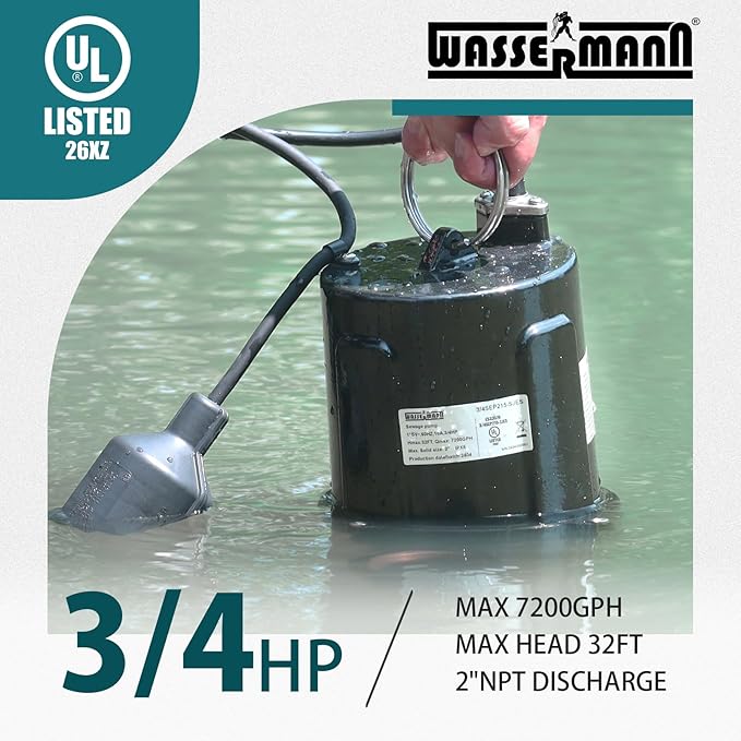 WASSERMANN 3/4 HP Sewage Pump 2 inch Discharge with Auto Float Switch, 115V 7200 GPH Cast Iron Submersible Sewer Pump, Sump Pump for Basement Sump Basin Sewer Well 2" NPT Discharge with 10 FT Cable