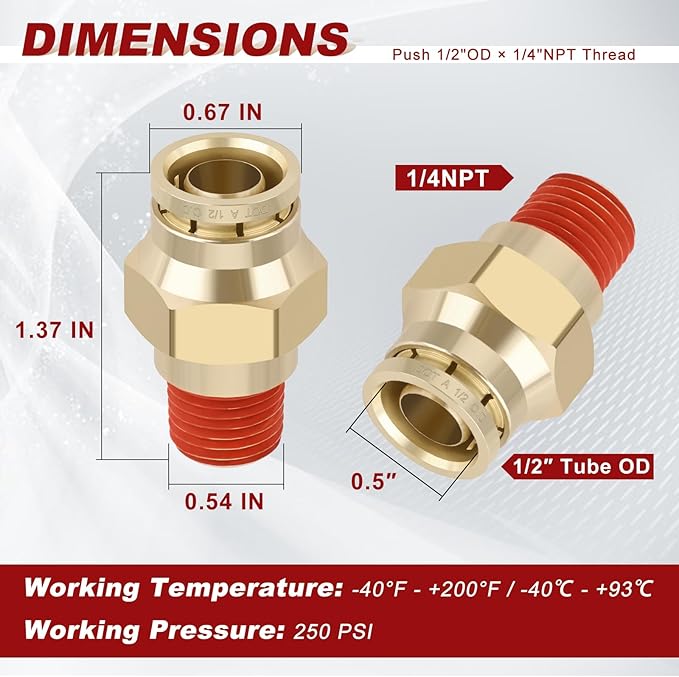 1/2" Quick Push to Connect Fittings Brass Union Straight Joint DOT Approved 1/2" Tube OD x 1/4" NPT Thread Air Line Adapter Air Suspension Kit for Truck Trailers and Air Brake System 4pcs