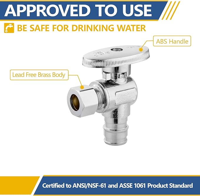 Angle Stop Valve,1/2 Inch Pex Expansion X 3/8 Inch OD Compression Angle Shut-off Valve with 1/4 Turn on/off (Pack of 5,ASTM F1960)(VALVE094-5Pack)