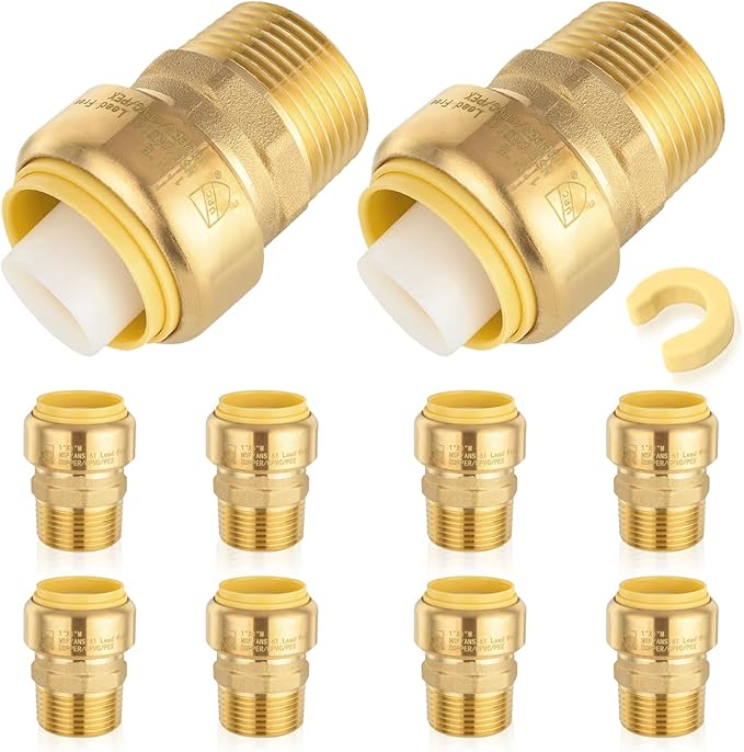 HeSun 10-Pack Pushfit Male Adapter, 1" MNPT x 1" Push to Connect Plumbing Fittings with Disconnect Clip, Brass Push-fit Fittings for PEX, Copper, CPVC, PE-RT Pipes