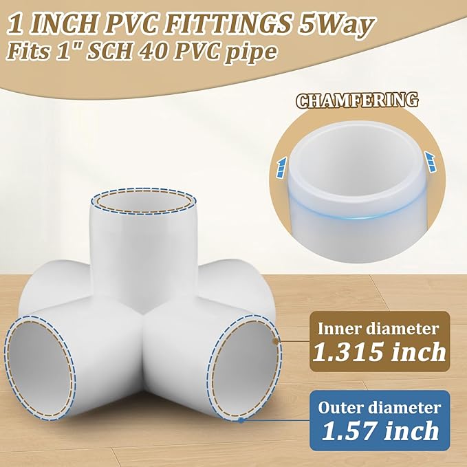 8 Pack 1" PVC Fittings 5 Way, Furniture Grade 1 Inch PVC Pipe Fittings 5 Way, UV Resistant, Fits SCH40 Pipe DIY Garden Shelves, Greenhouse, Shelf