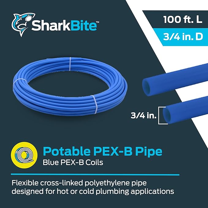 SharkBite 3/4 Inch x 100 Feet Blue PEX-B, PEX Pipe Flexible Water Tubing for Plumbing, U870B100