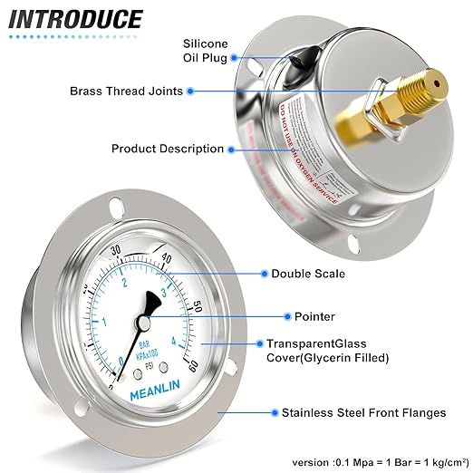 MEANLIN MEASURE 0~60Psi Liquid Filled Pressure Gauge Front Flange Panel Mount, 1/4" NPT 2.5" FACE DIAL Stainless Steel Case with Phillips Screw, Nut and Brass Hex Bushing, +/-3-2-3%