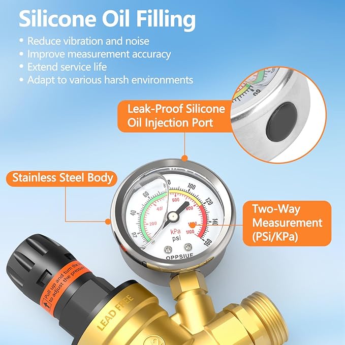RV Water Pressure Regulator, Handle Adjustable Knob No Tool Required Pressure Regulator,Brass Lead-Free Water Pressure Reducer with Gauge for RV Camper Travel Trailer,Suitable for NH Thread
